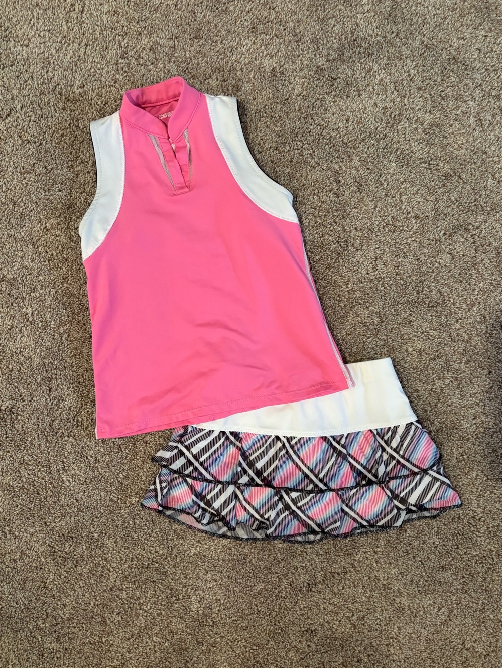 Lucky in Love Pink and White Athletic Tank with Plaid Ruffle Skort Set
